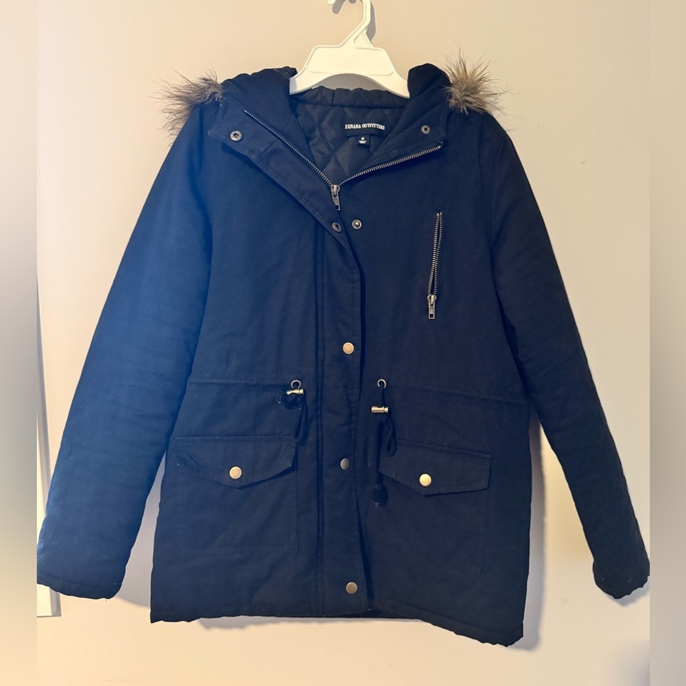 Zenana outfitters Black parka Jacket with Fur-Trimmed Hood, size medium
